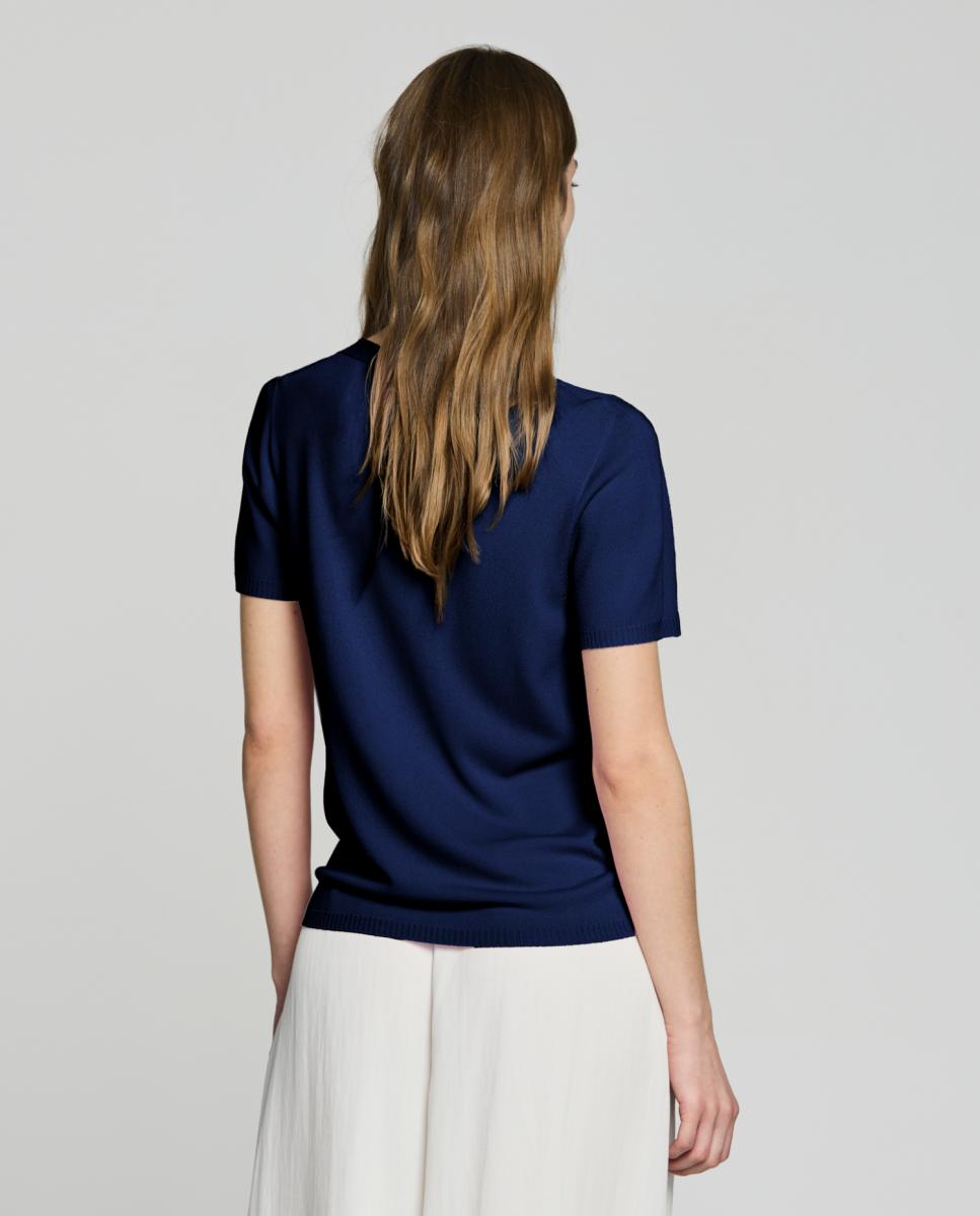 Camisola de malha com decote em bico e manga curta Azul-marinho-2