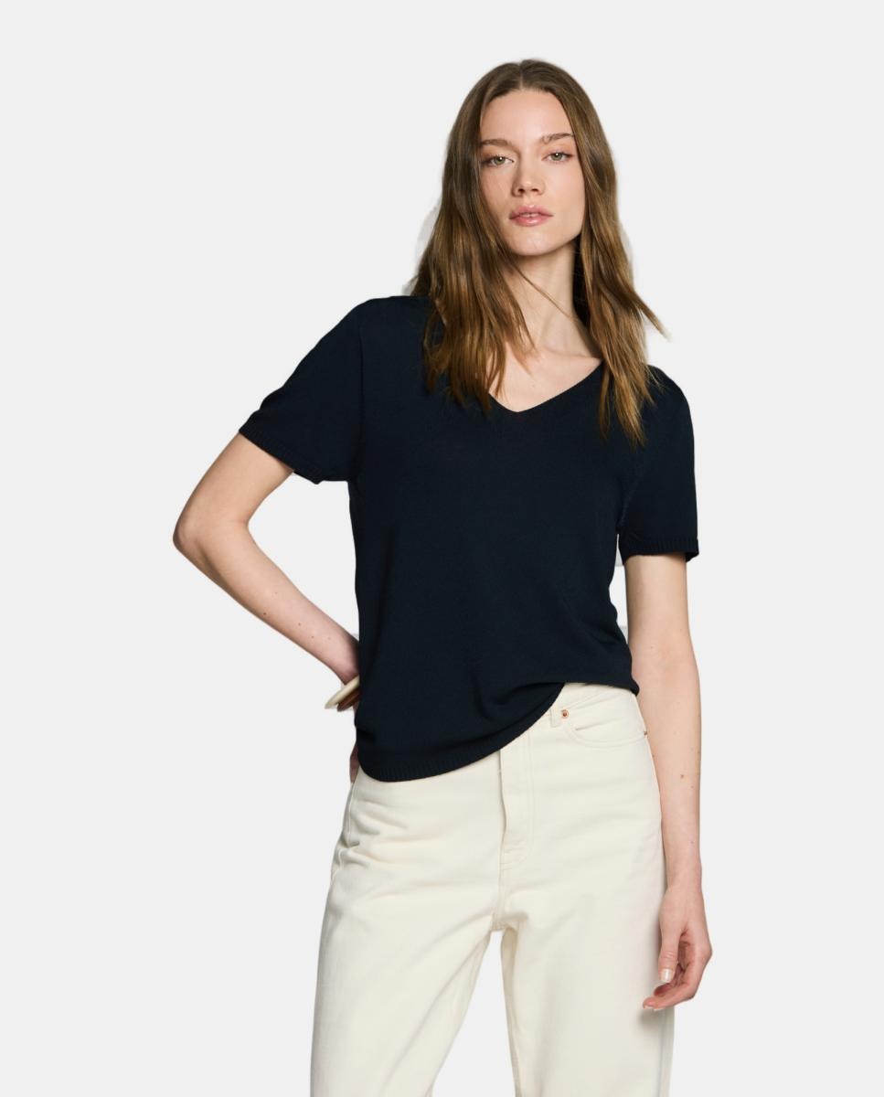 Camisola de malha com decote em bico e manga curta Preto-1