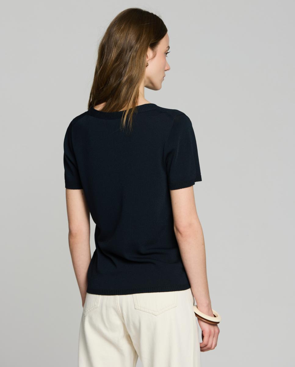 Camisola de malha com decote em bico e manga curta Preto-2