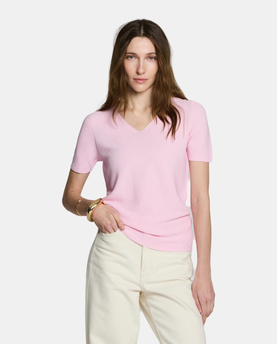 Camisola de malha com decote em bico e manga curta. Rosa-claro-1