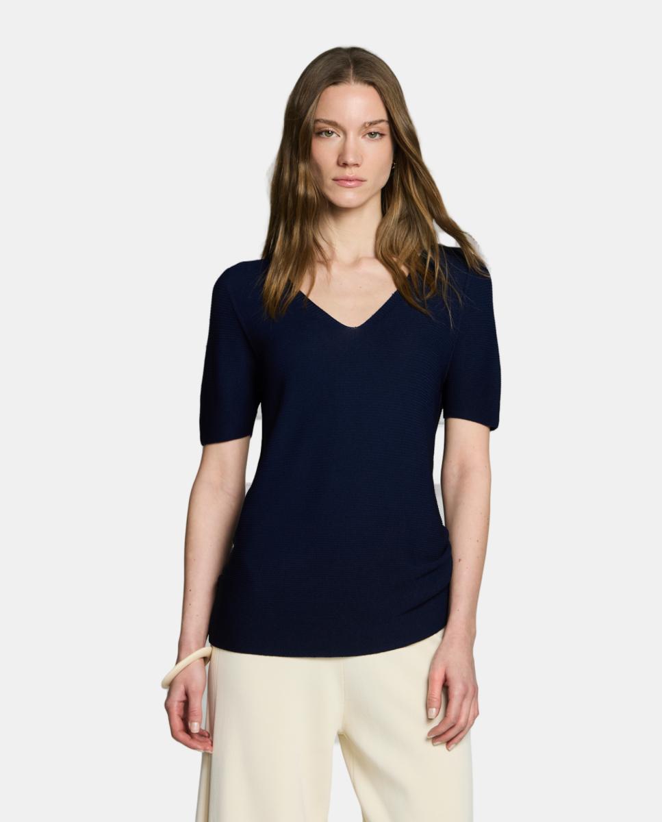 Camisola de malha com decote em bico e manga curta. Azul-marinho-1