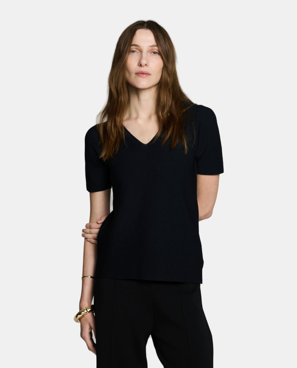 Camisola de malha com decote em bico e manga curta Preto-1
