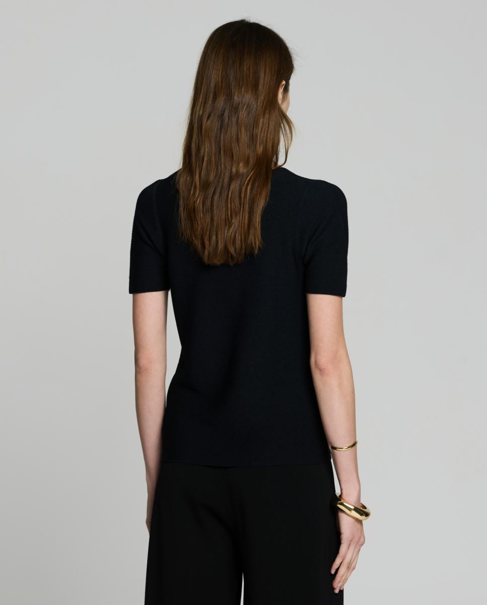 Camisola de malha com decote em bico e manga curta Preto-2