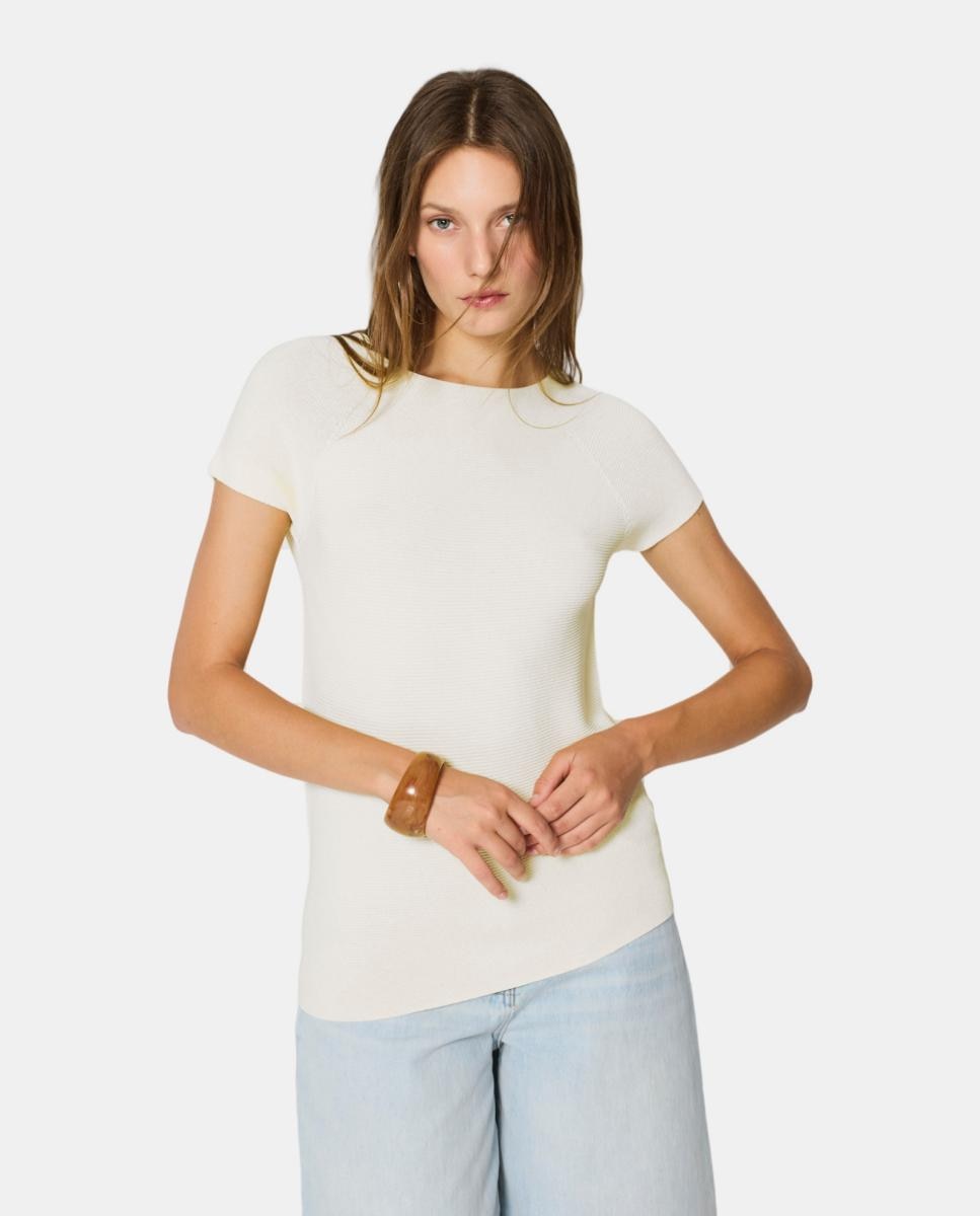 Camisola de Malha com Decote à Barco e Manga Caída Cru-1