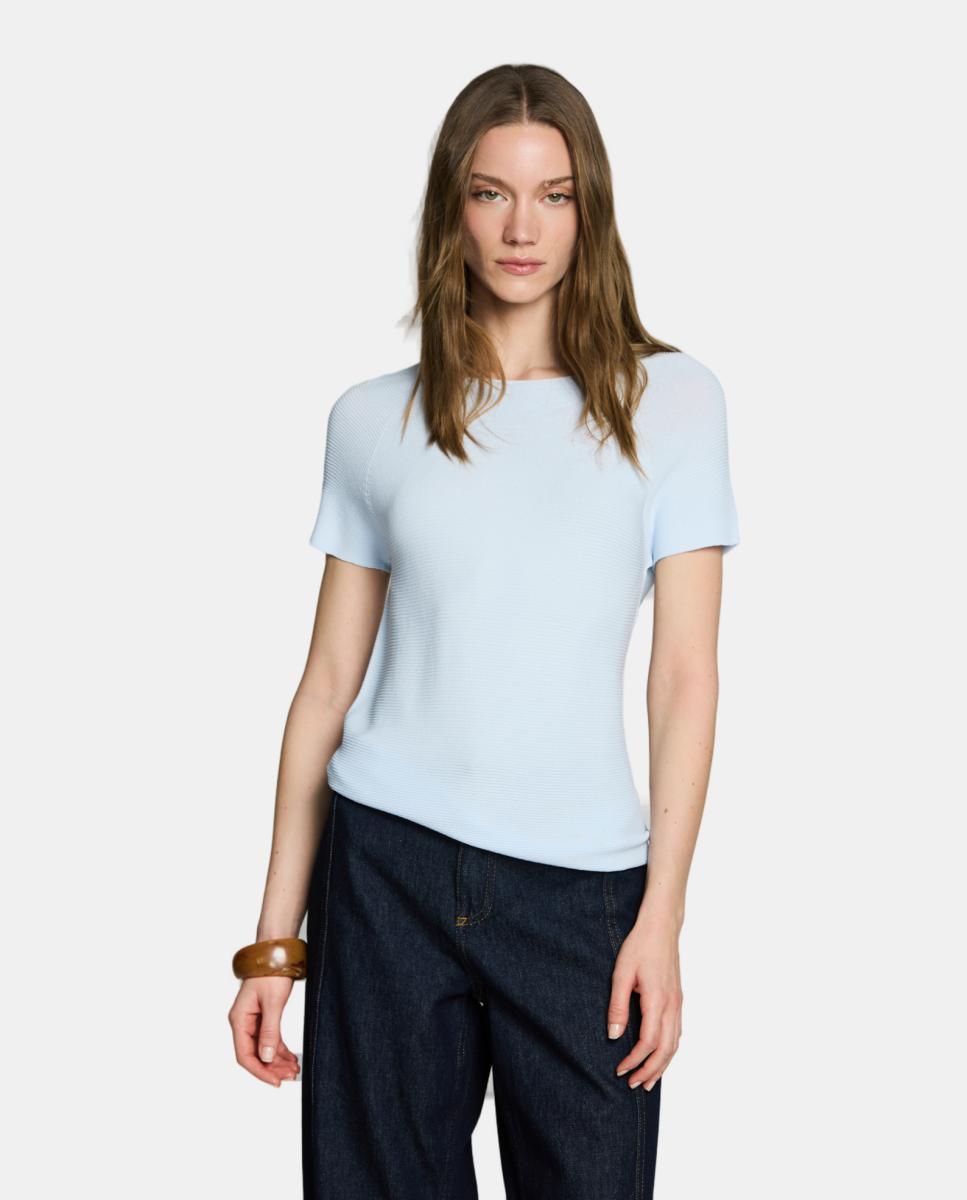 Camisola de Malha com Decote à Barco e Manga Caída Azul-claro-1
