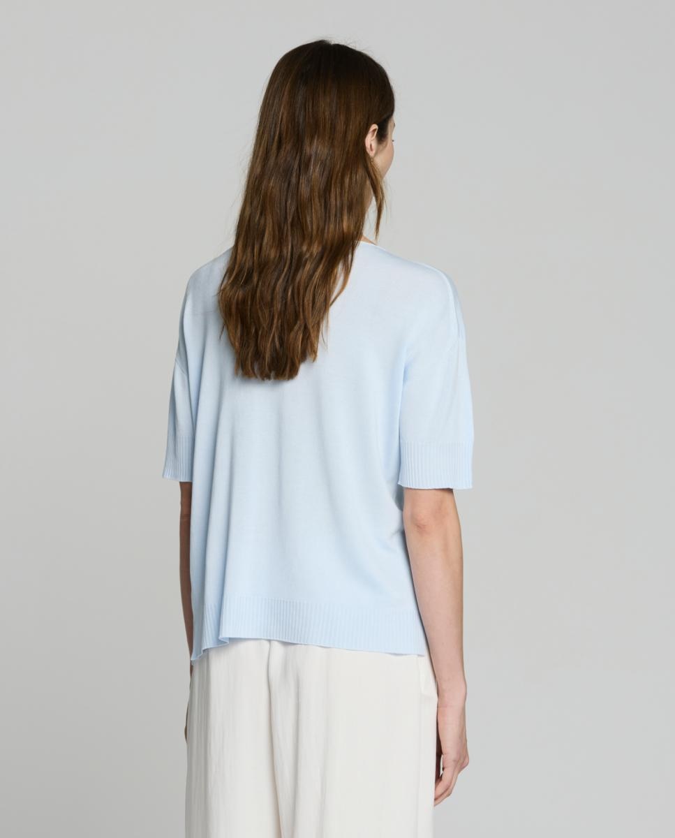 Camisola de Malha com Decote à Barco e Manga pelo Cotovelo Azul-claro-2