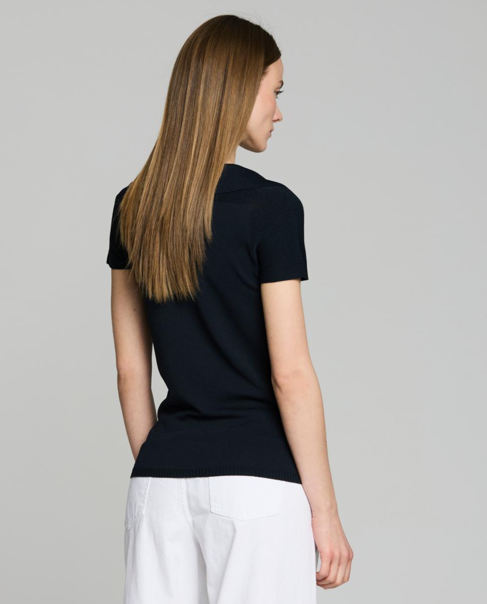 Camisola de Malha com Colarinho de Polo e Manga Curta Preto-2