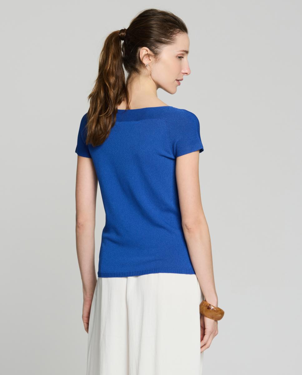 Camisola de Malha de Tricot com Decote à Barco Azul-índigo-2