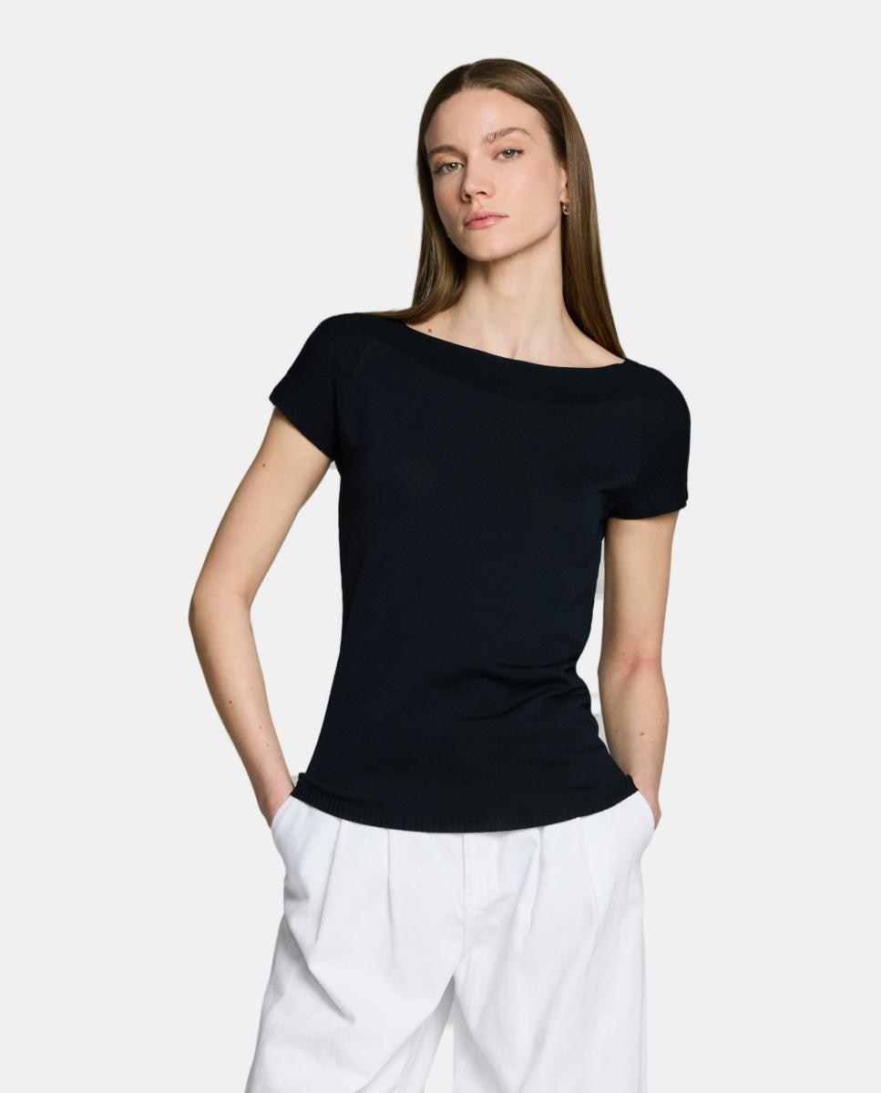 Camisola de Malha de Tricot com Decote à Barco Preto-1