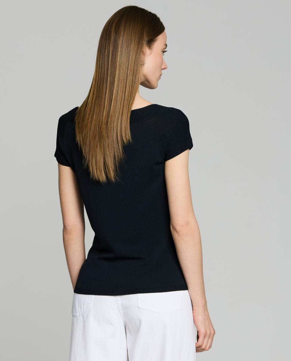 Camisola de Malha de Tricot com Decote à Barco Preto-2