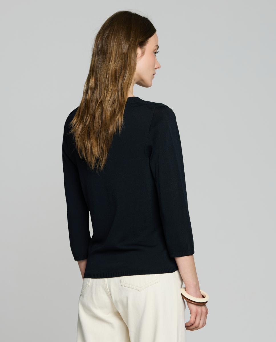 Camisola de Malha com Decote em Bico e Manga 3/4 Preto-2