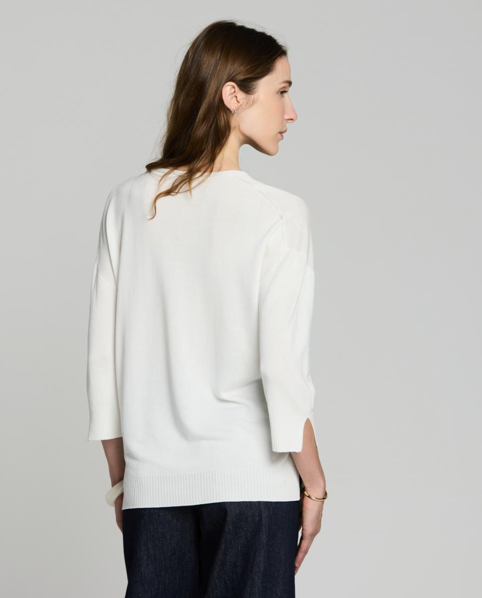Camisola de Malha com Decote em Bico e Manga 3/4 Cru-2