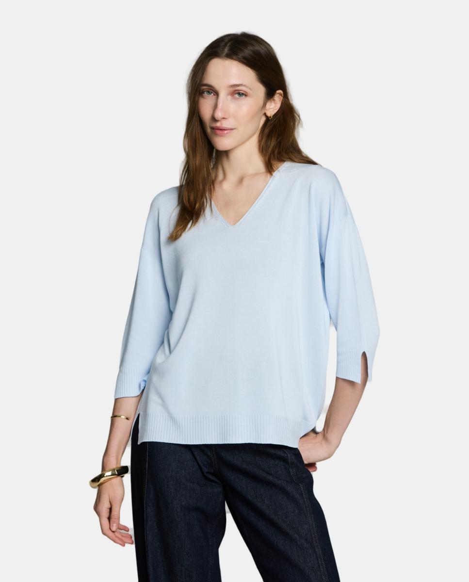 Camisola de Malha com Decote em Bico e Manga 3/4 Azul-claro-1