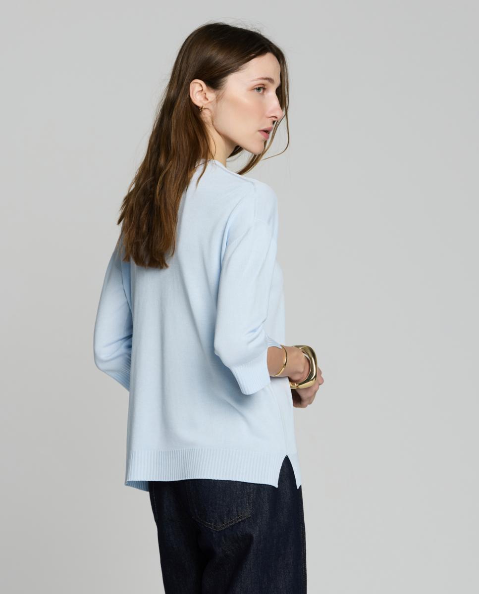 Camisola de Malha com Decote em Bico e Manga 3/4 Azul-claro-2