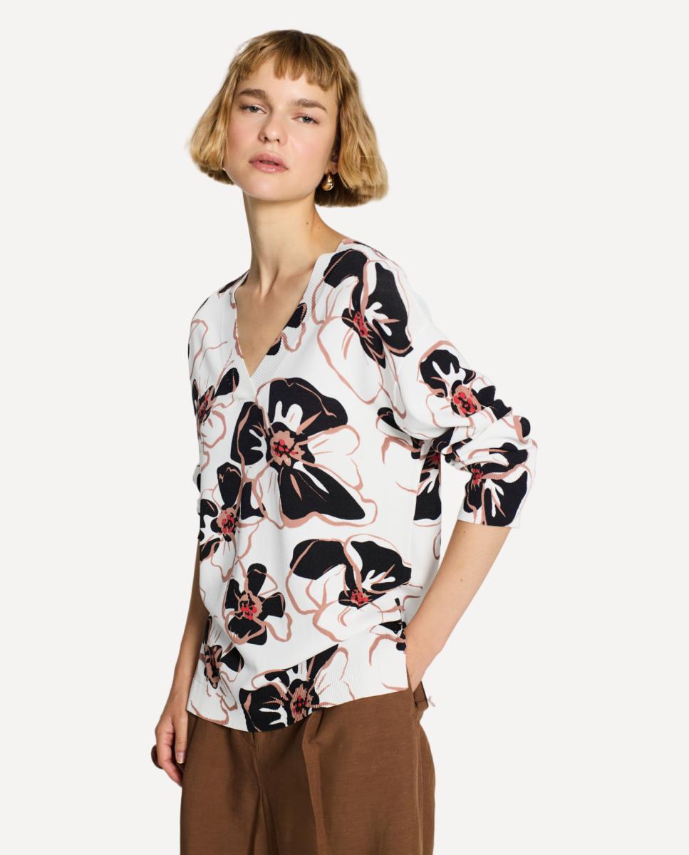 Imagem 0 de Pullover de Manga 3/4, Decote em V, Aberturas Laterais, Estampado Floral