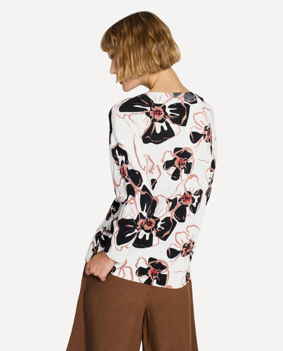 Pullover de Manga 3/4, Decote em V, Aberturas Laterais, Estampado Floral Cru-2