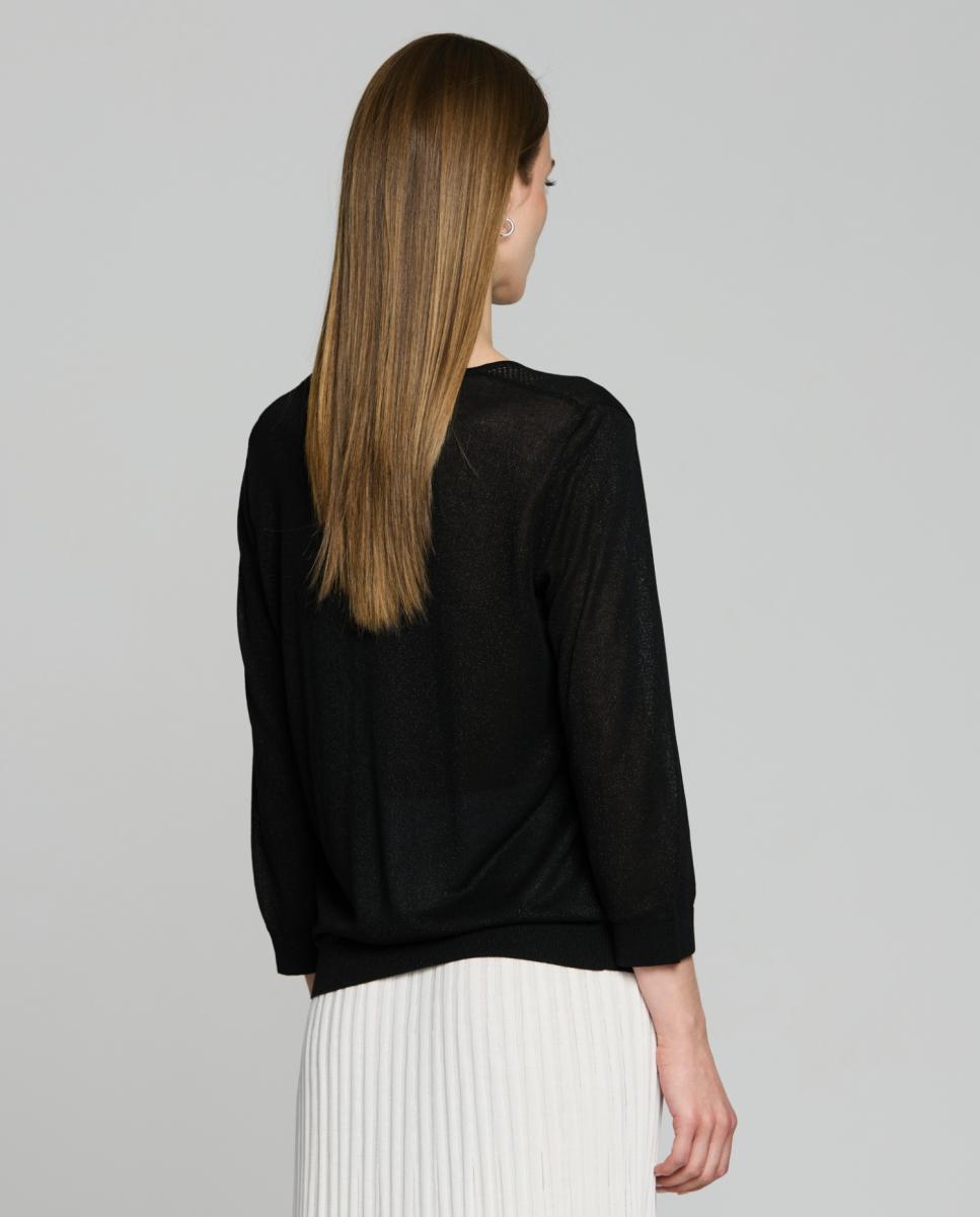 Camisola de Malha com Decote em V, Manga 3/4 e Rendilhado no Decote Preto-2