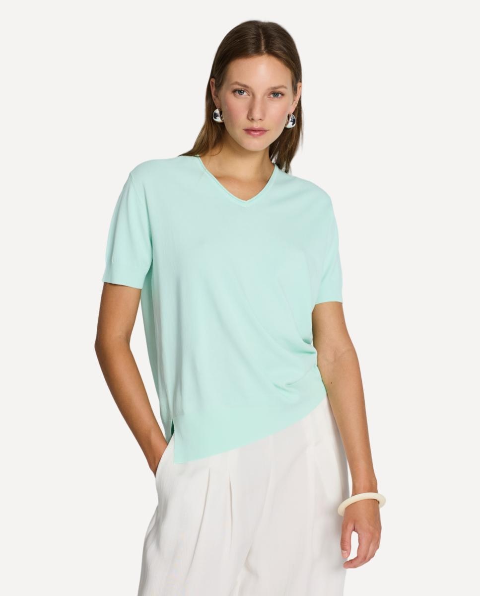 Camisola de malha de mulher com decote em bico e manga curta Verde-claro-1