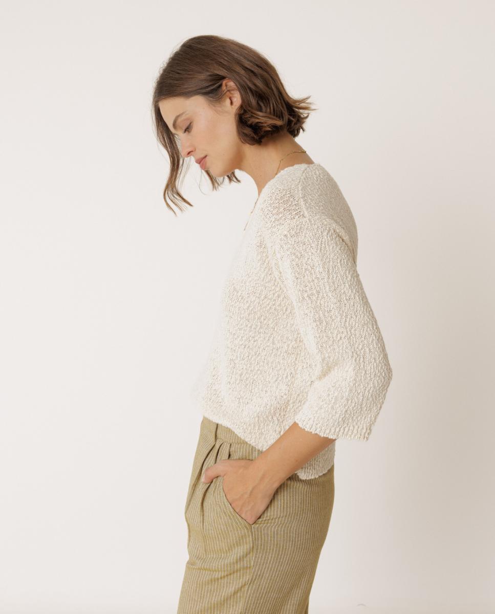 Camisola de malha de mulher decote em bico e manga comprida Cru-3