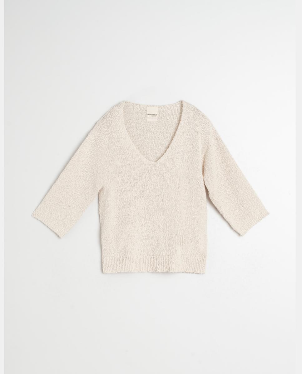Camisola de malha de mulher decote em bico e manga comprida Cru-4