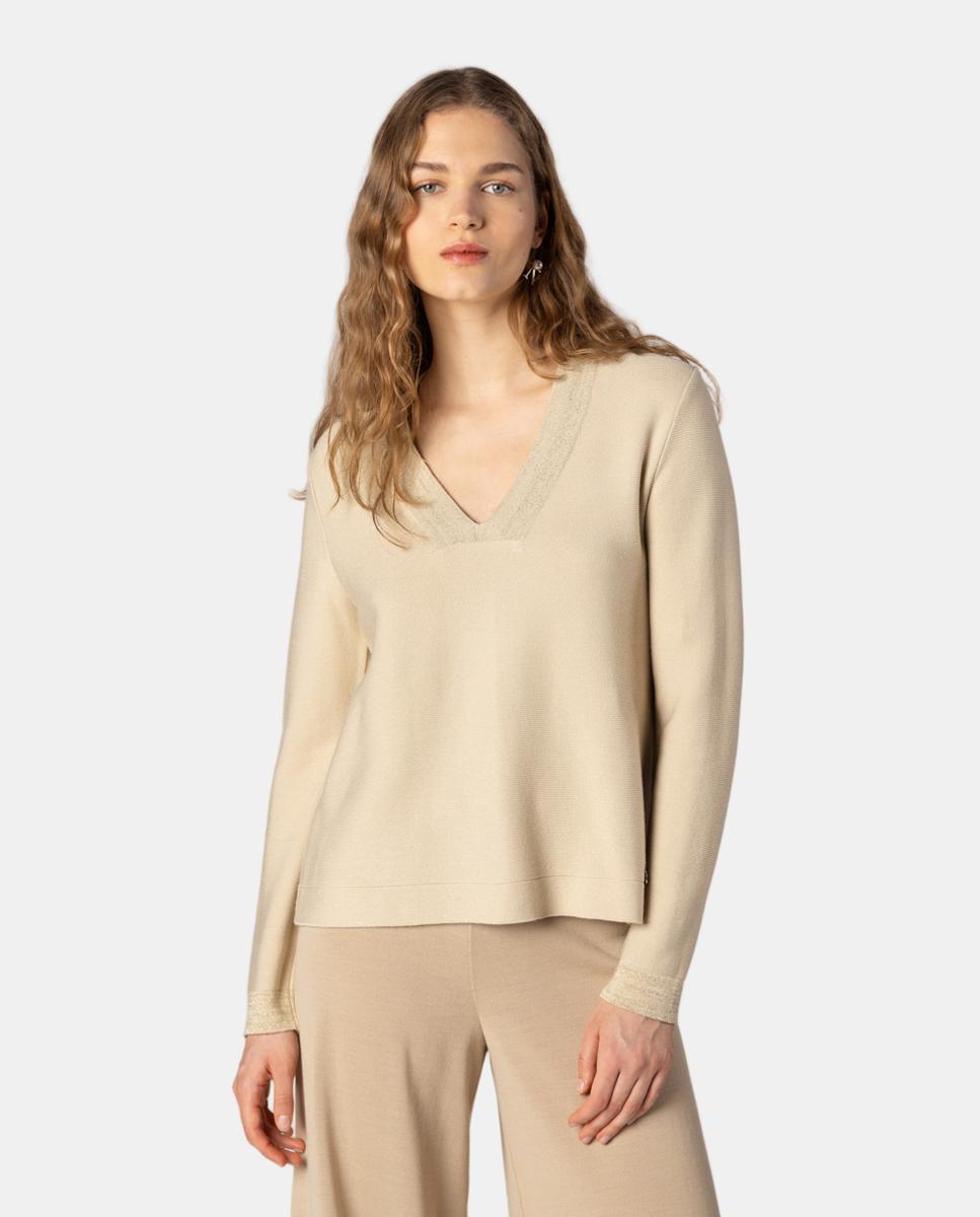 Imagem 0 de Camisola de Malha para Mulher em Ponto Musgo com Lamé Dourado no Decote e Punhos