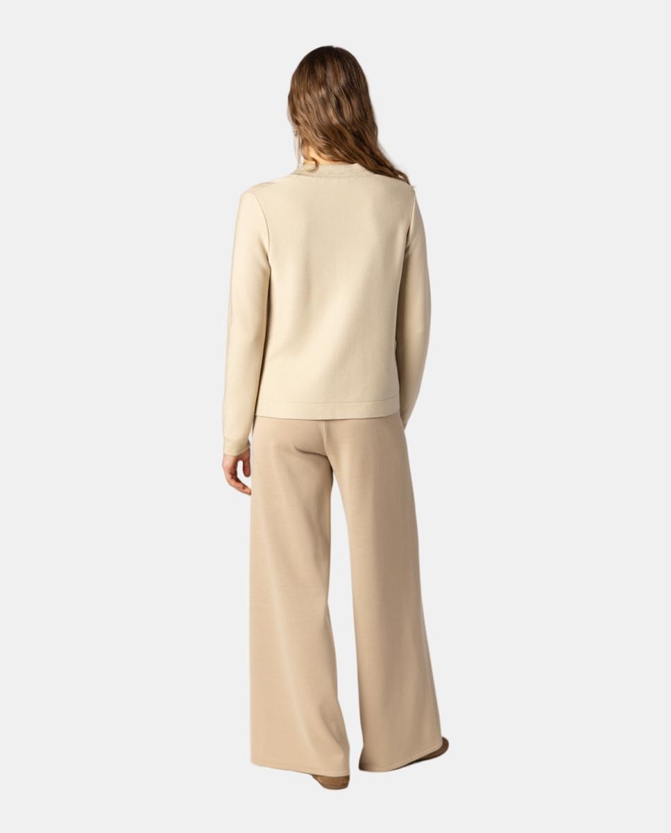 Camisola de Malha para Mulher em Ponto Musgo com Lamé Dourado no Decote e Punhos Pedra-2