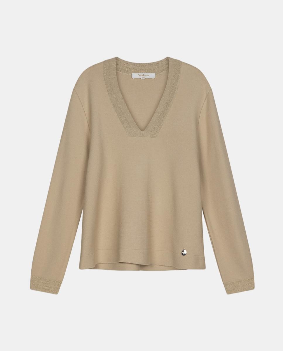 Camisola de Malha para Mulher em Ponto Musgo com Lamé Dourado no Decote e Punhos Pedra-5