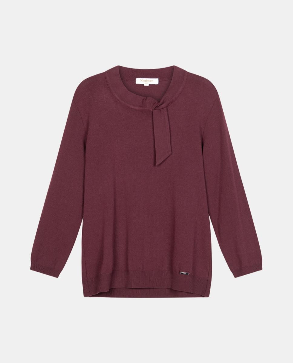 Camisola de Malha com Detalhe de Nó na Gola Grená-6