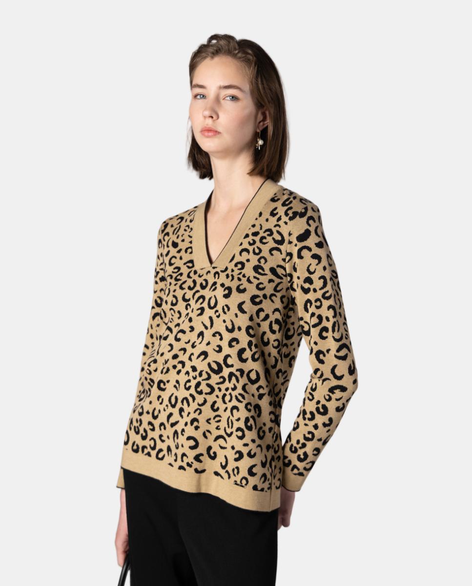 Jersey de mujer de punto Jacquard animal print - Naulover - Beige Beige-1