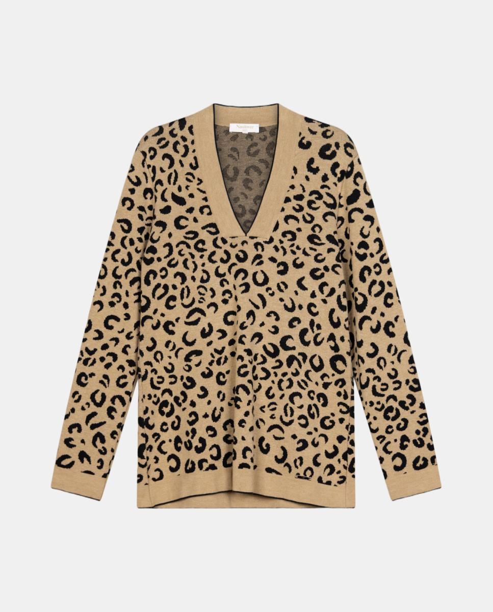 Jersey de mujer de punto Jacquard animal print - Naulover - Beige Beige-5