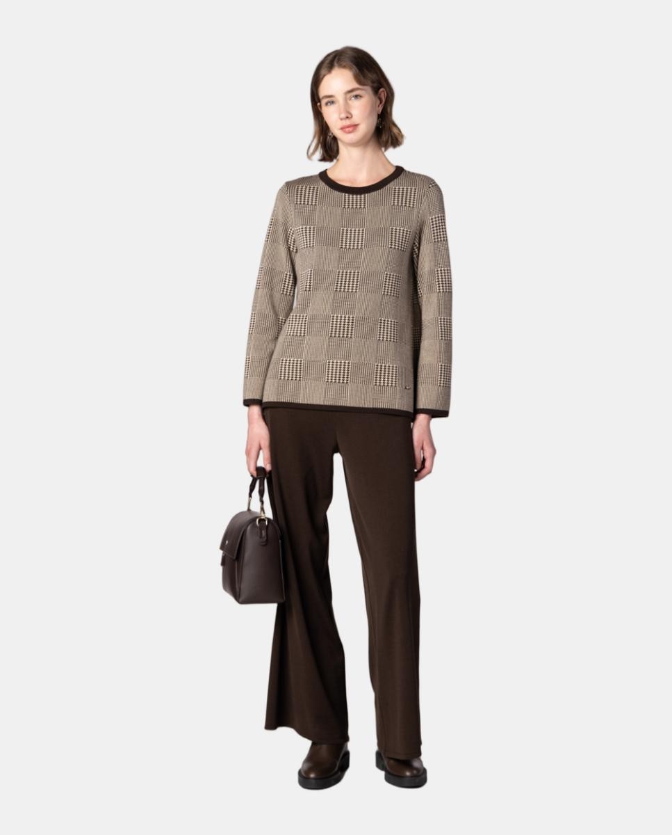 Camisola de Malha Jacquard de Pied-de-Poule Castanho-escuro-3