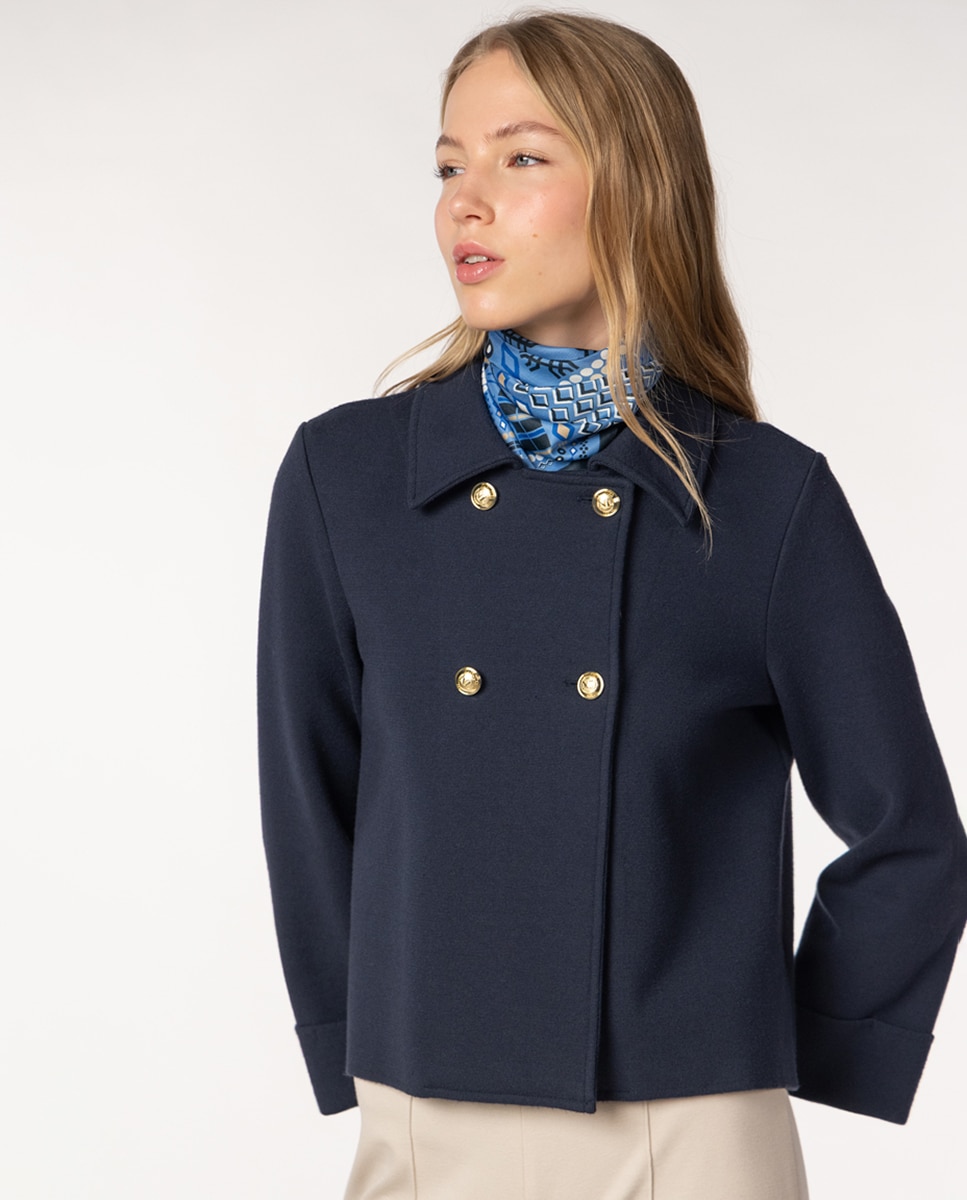 Camisola de malha de mulher com decote em bico e manga comprida Azul-marinho-1