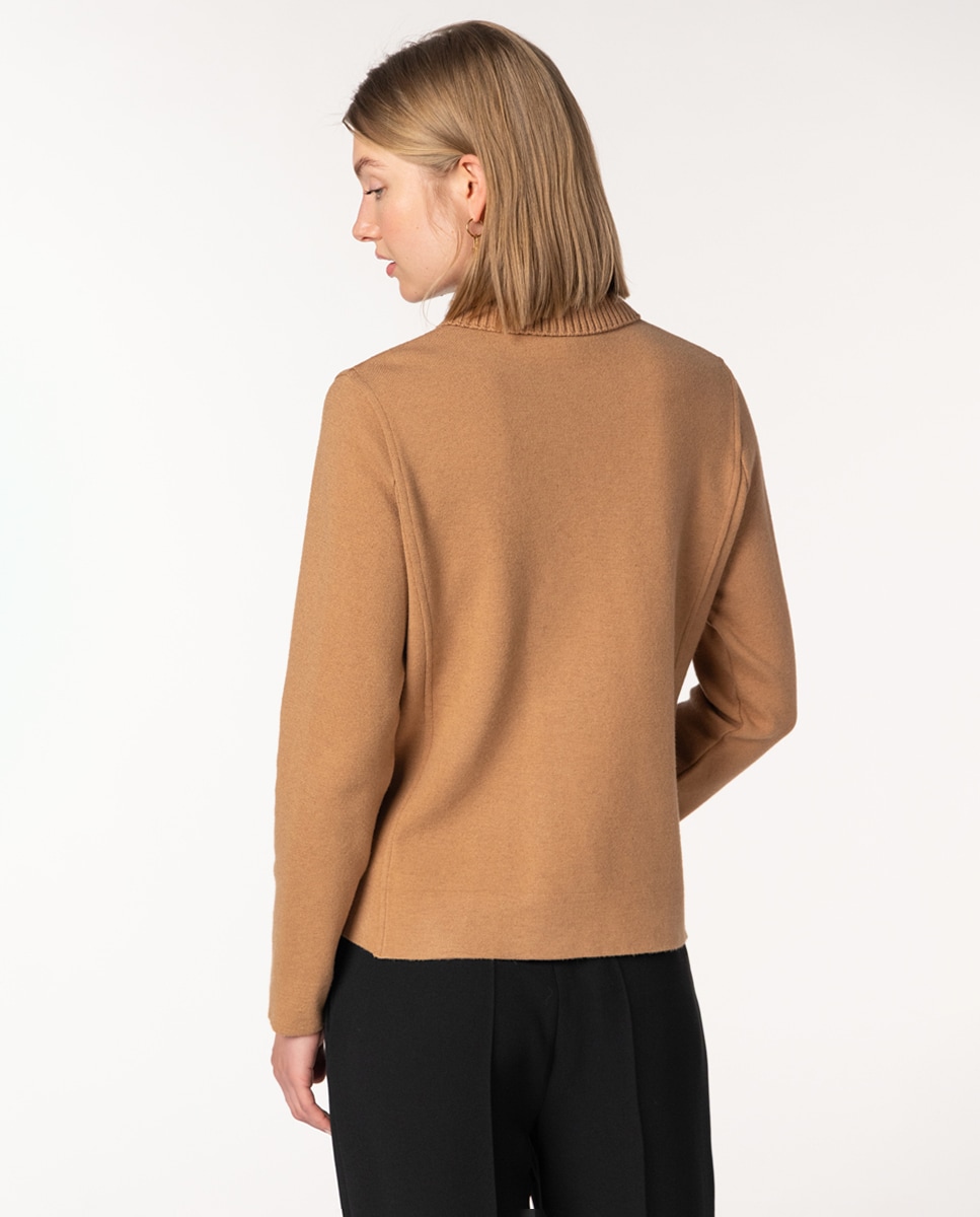 Casaco de Malha Milano com Gola e Fecho de Correr Camel-2