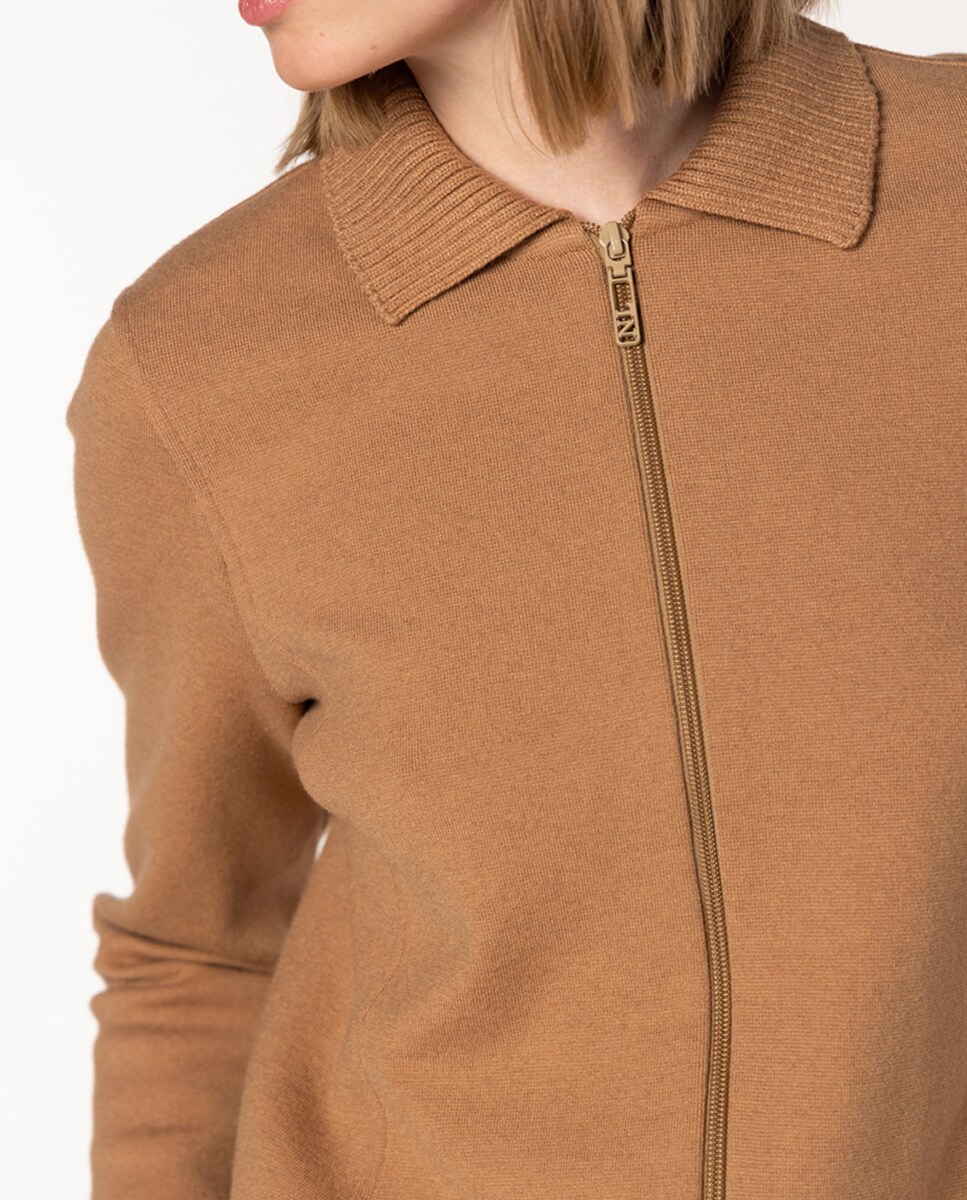 Casaco de Malha Milano com Gola e Fecho de Correr Camel-4