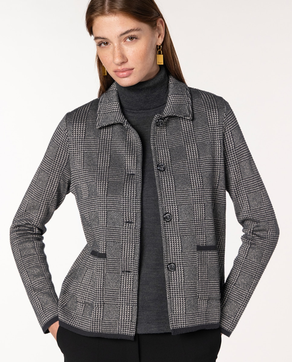 Imagem 0 de Casaco de Malha Jacquard aos Quadrados Príncipe de Gales com Fio Metalizado