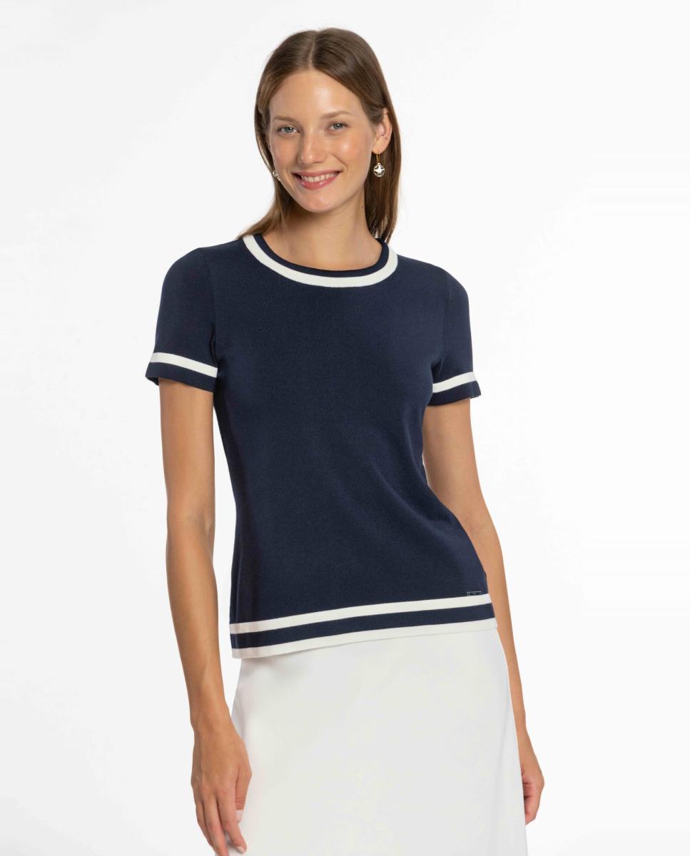 Conjunto de Malha Bicolor com Vivos em Contraste. Azul-marinho-6