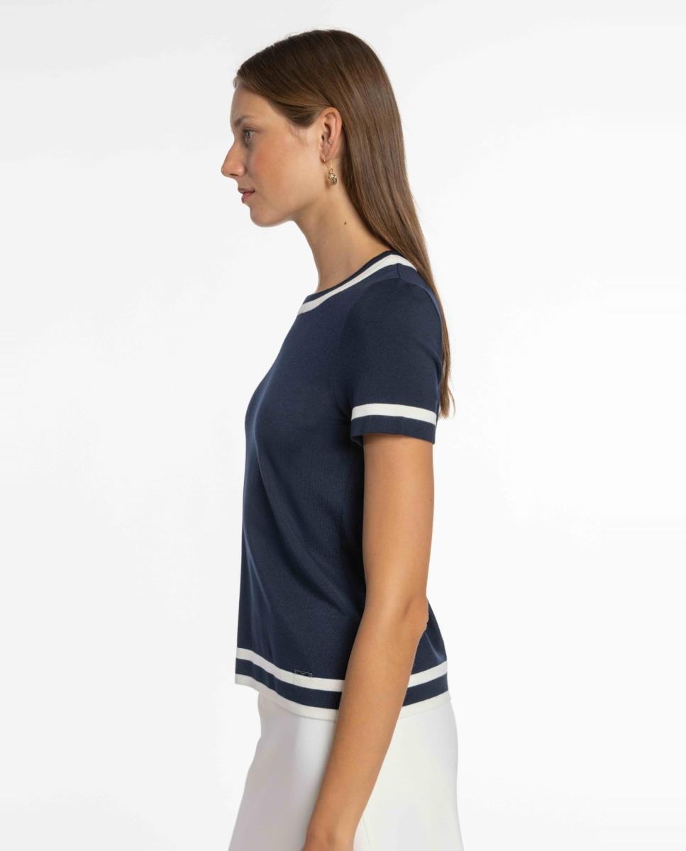 Conjunto de Malha Bicolor com Vivos em Contraste. Azul-marinho-8