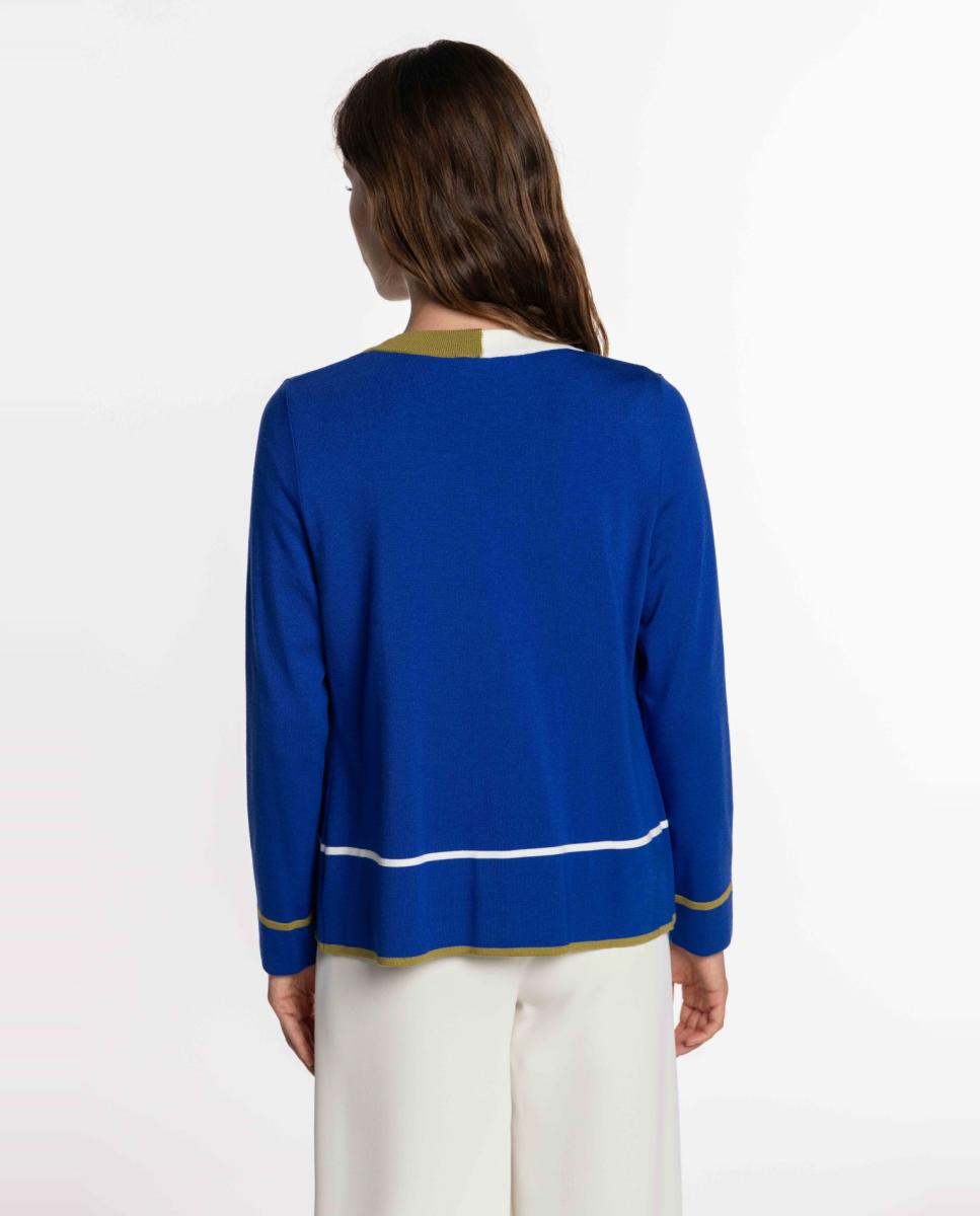Cardigan de Malha com Vivos às Riscas Tricolor. Azul-índigo-2