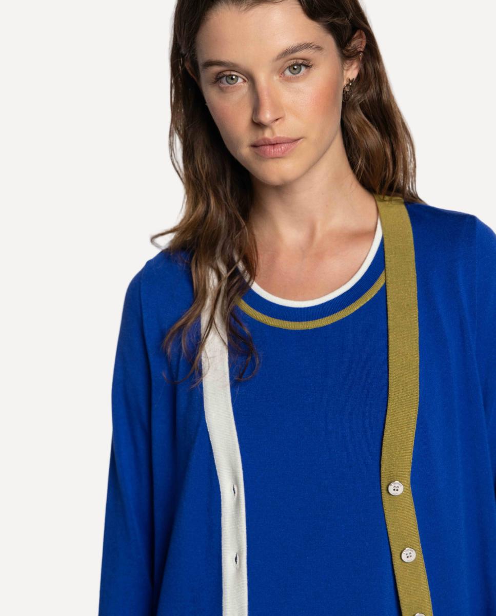 Cardigan de Malha com Vivos às Riscas Tricolor. Azul-índigo-3