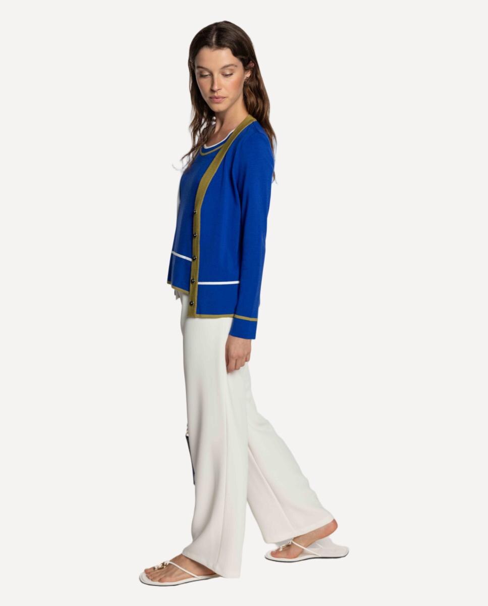 Cardigan de Malha com Vivos às Riscas Tricolor. Azul-índigo-4
