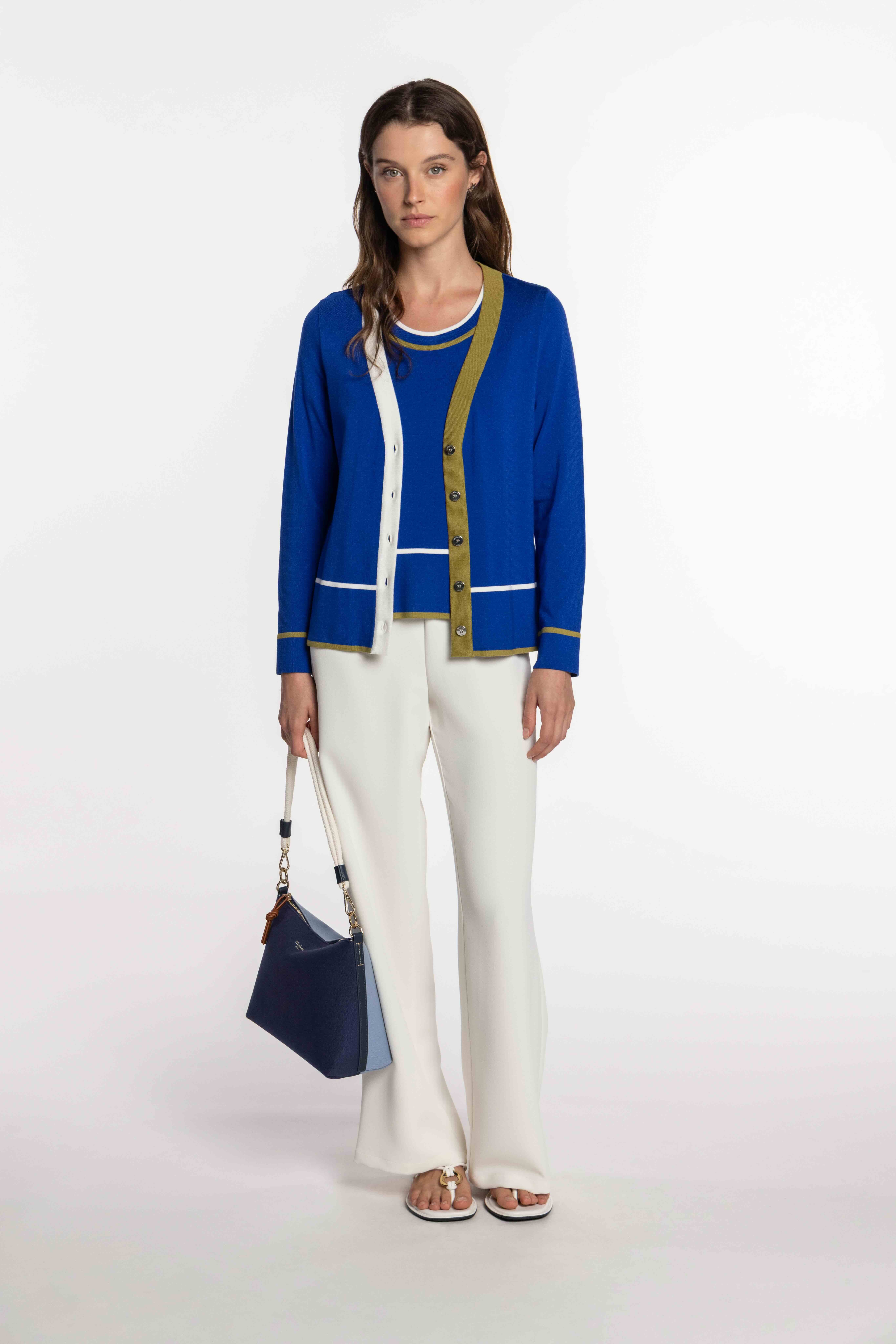 Cardigan de Malha com Vivos às Riscas Tricolor. Azul-índigo-6
