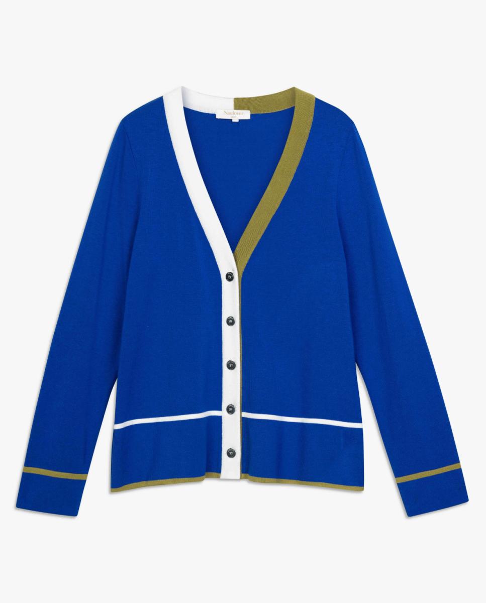 Cardigan de Malha com Vivos às Riscas Tricolor. Azul-índigo-5
