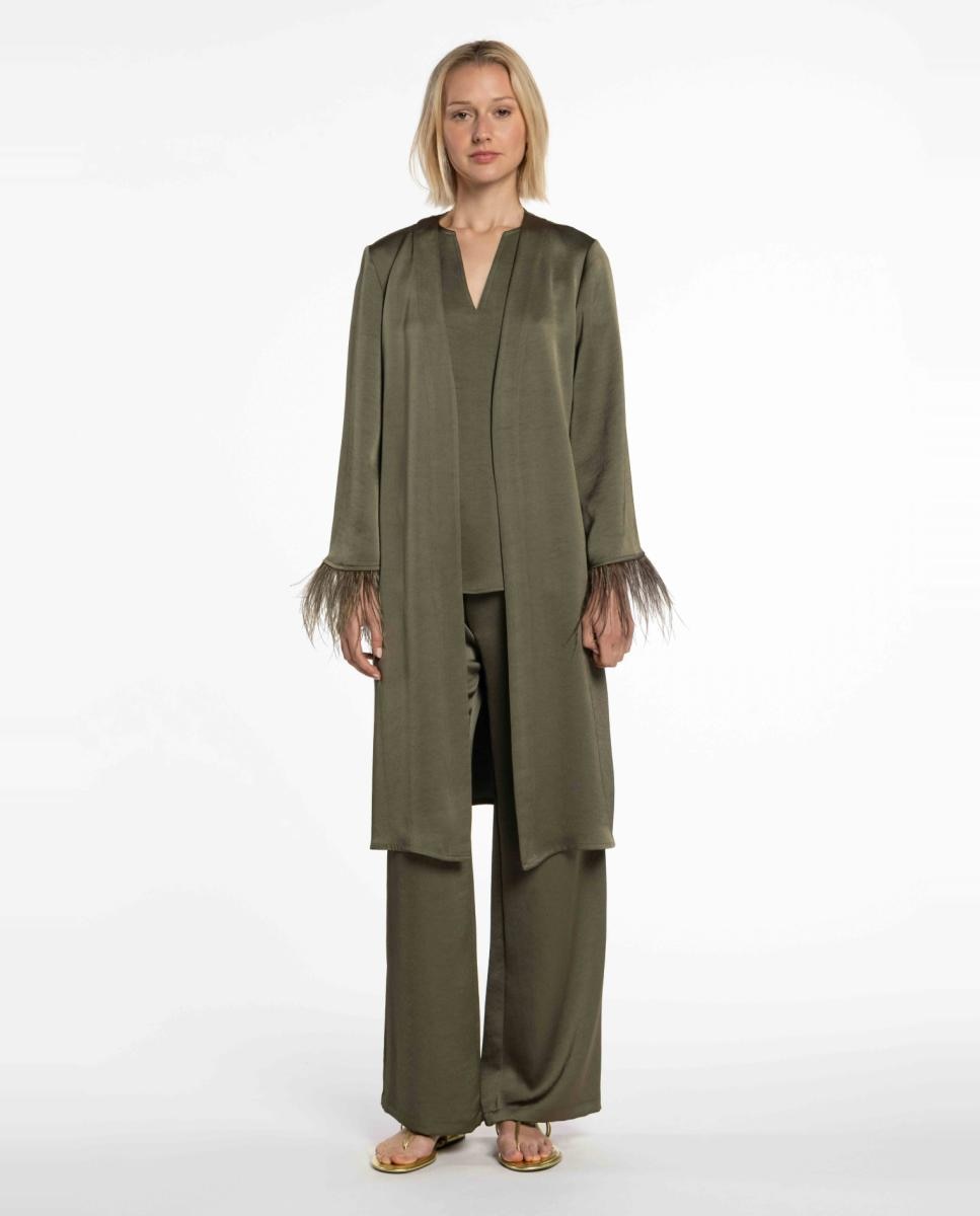Kimono de Cetim Duplo com Plumas. Castanho-5