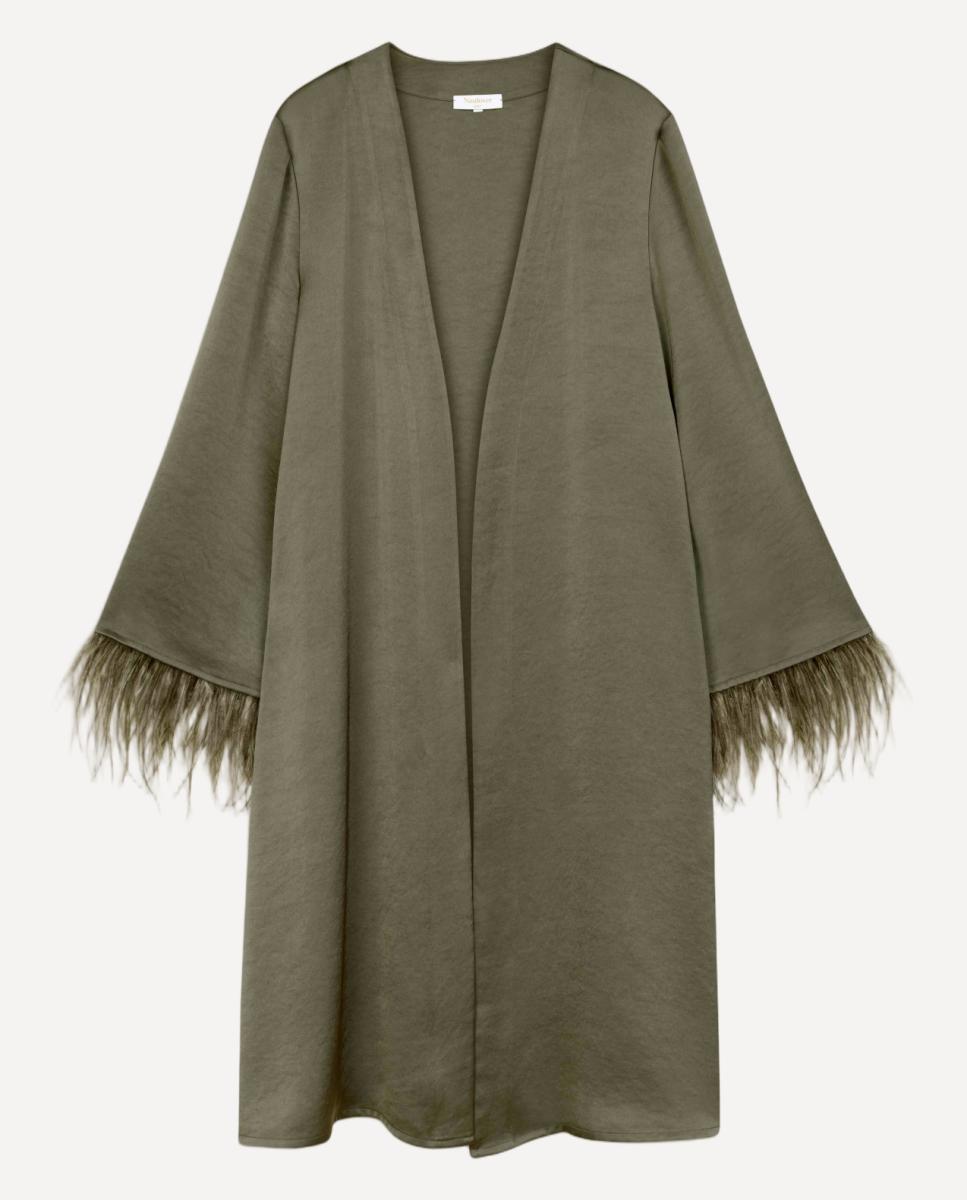 Kimono de Cetim Duplo com Plumas. Castanho-6