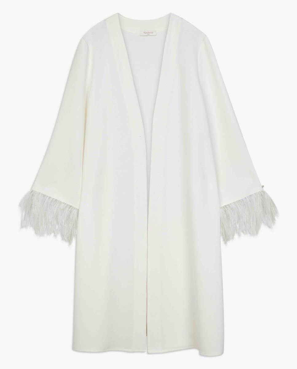 Kimono de Crepe Duplo com Plumas. Cru-6