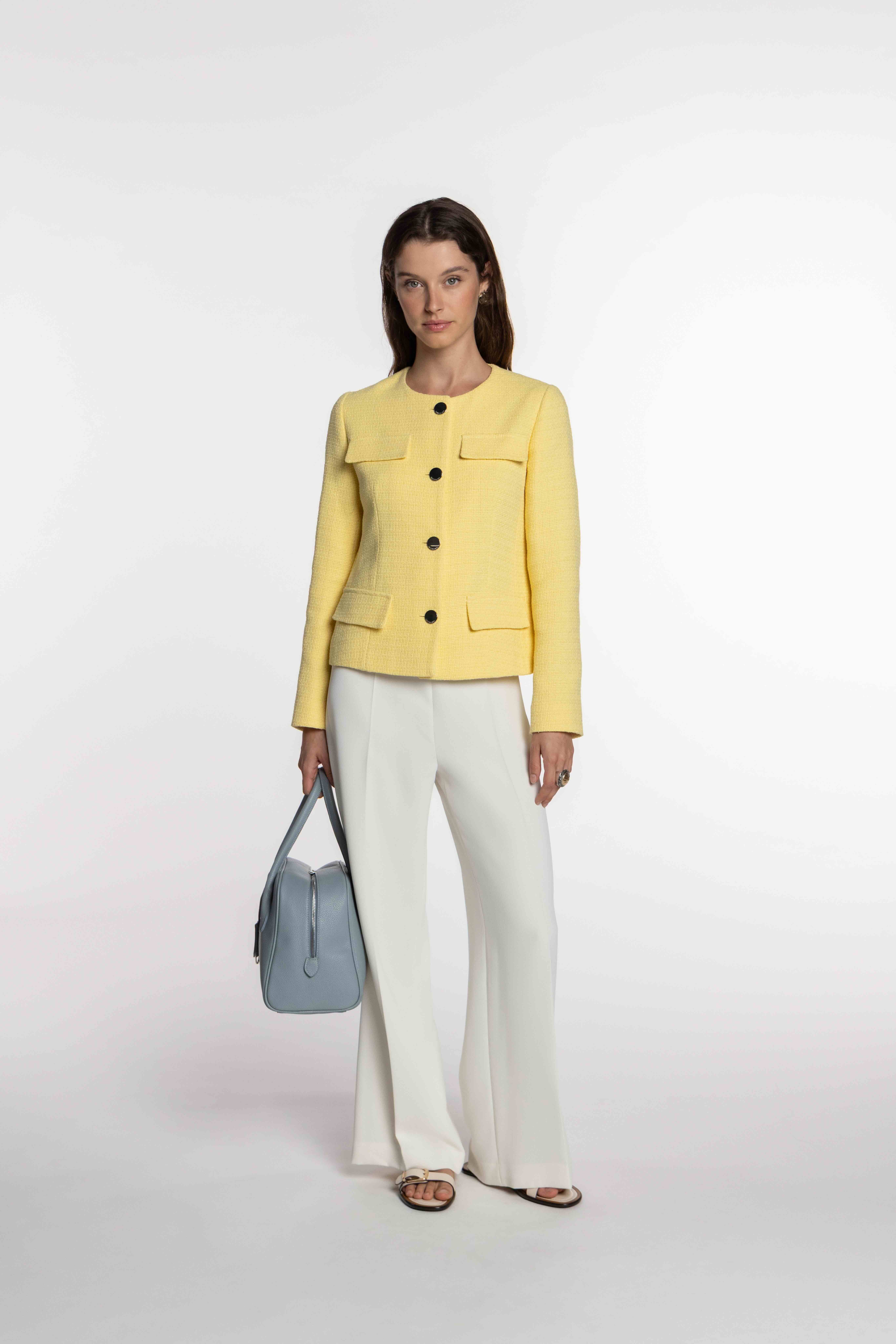 Casaco de Tweed com Bolsos de Carcela Amarelo-6