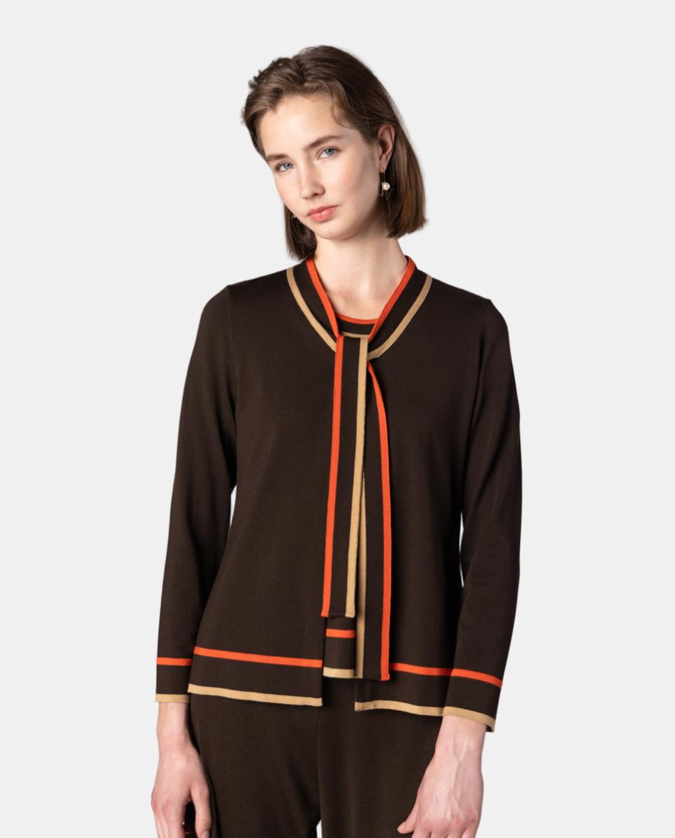 Conjunto de mujer de punto con vivos y lazada. - Naulover - Marrón oscuro Marrón oscuro-1