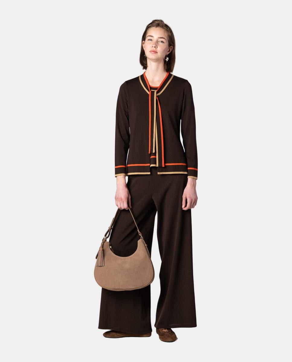 Conjunto de mujer de punto con vivos y lazada. - Naulover - Marrón oscuro Marrón oscuro-3