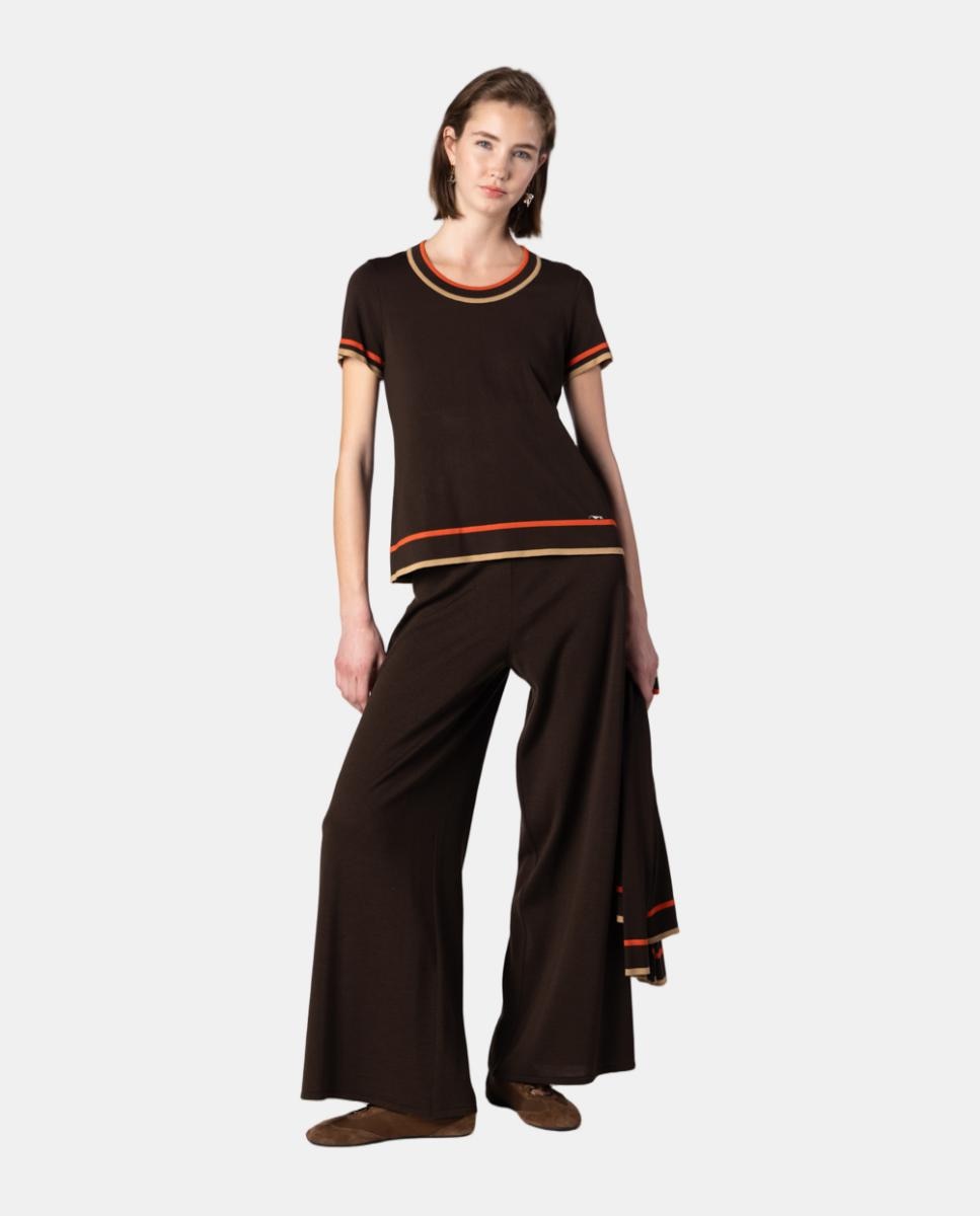 Conjunto de mujer de punto con vivos y lazada. - Naulover - Marrón oscuro Marrón oscuro-6