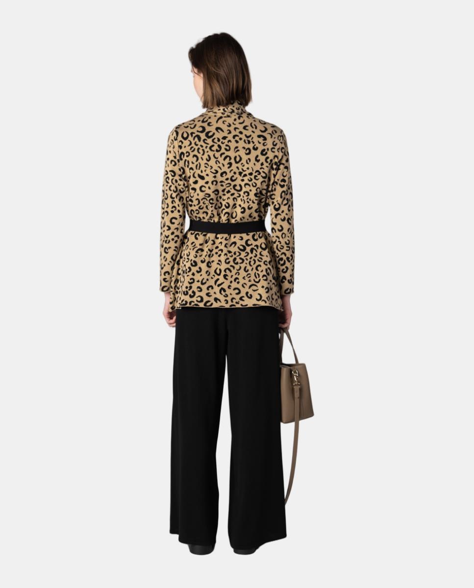 Casaco de Malha Jacquard com Animal Print Bege-2